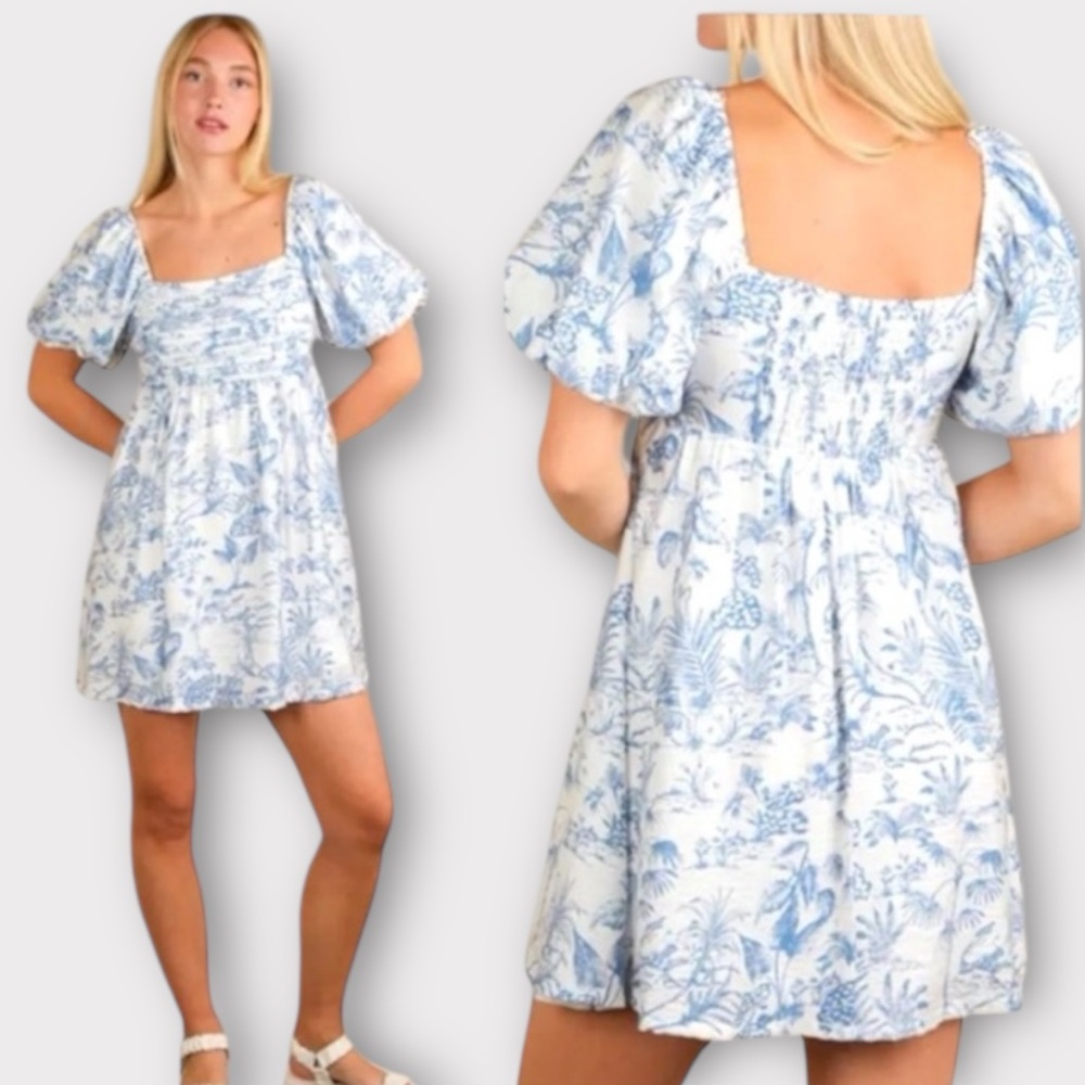 Blue and White Floral Puff Sleeve Mini Dress Square Neck, Women's size M